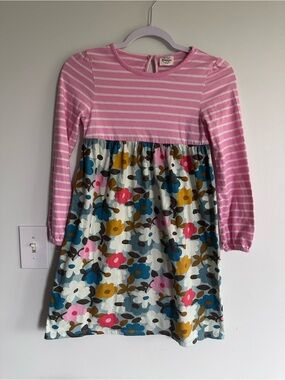Mini Boden Pink Stripe & Floral Long Sleeve Girl Dress 100% Cotton Natural Fiber